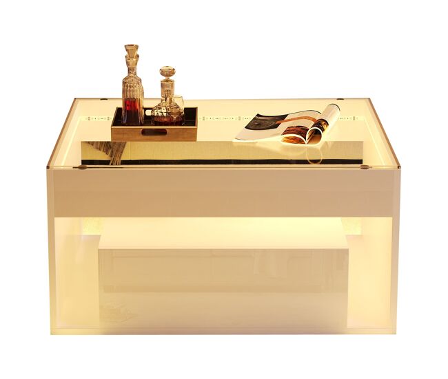 Mesa de centro 70x70x35 cm - mesa auxiliar con 2 cajones, mesa de salón con diseño perforado, cristal templado con led, blanco