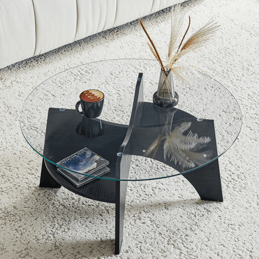 Mesa auxiliar redonda Ø80 cm - design multifuncional, vidro temperado, pernas em MDF preto