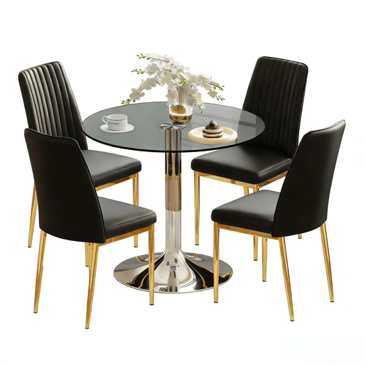 Conjunto de mesa de jantar 85 cm para 4 pessoas - Vidro temperado minimalista + cadeiras em PU - Preto