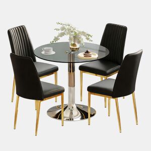 Conjunto de mesa de jantar 85 cm para 4 pessoas - Vidro temperado minimalista + cadeiras em PU - Preto