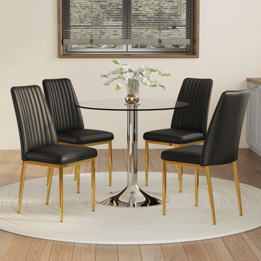 Conjunto de mesa de jantar 85 cm para 4 pessoas - Vidro temperado minimalista + cadeiras em PU - Preto
