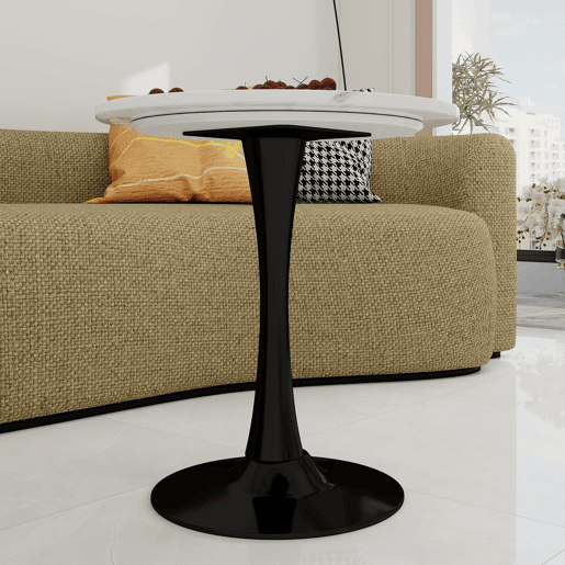 Mesa de centro 70 cm - estilo moderno mid-century, redonda, mármore branco - preto e branco