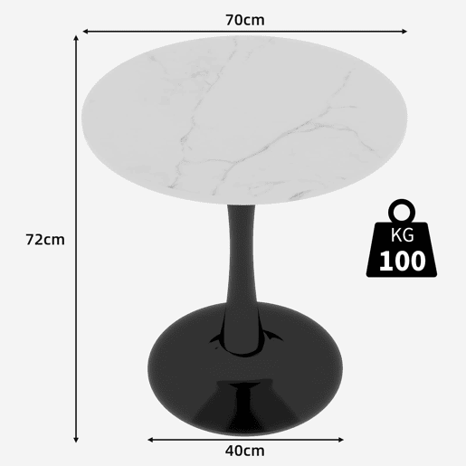 Mesa de centro 70 cm - estilo moderno mid-century, redonda, mármore branco - preto e branco