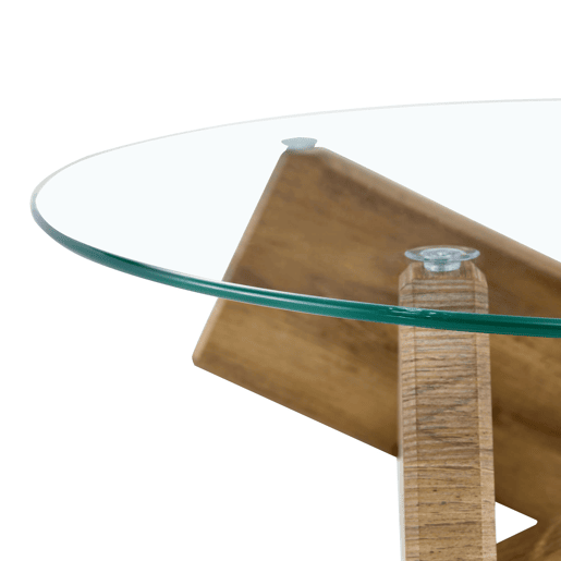 Mesa de centro redonda 79 cm - Estrutura cruzada criativa e moderna - Transparente e madeira