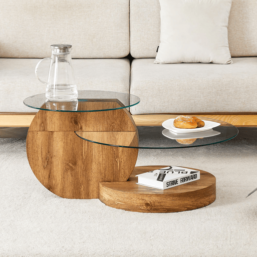 Mesa de centro de vidro temperado - design minimalista e camadas - MDF com textura de madeira - Transparente+Madeira