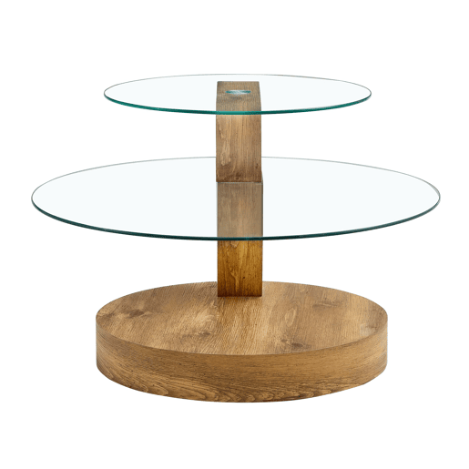 Mesa de centro de vidro temperado - design minimalista e camadas - MDF com textura de madeira - Transparente+Madeira