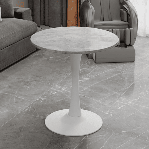 Mesa de centro 70 cm - estilo moderno vintage, tampo redondo em mármore cinza claro, branco