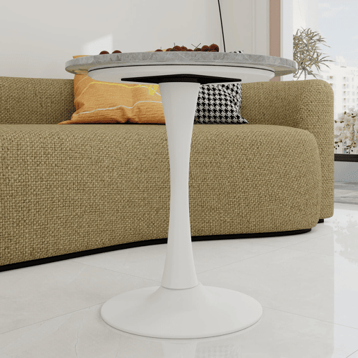 Mesa de centro 70 cm - estilo moderno vintage, tampo redondo em mármore cinza claro, branco