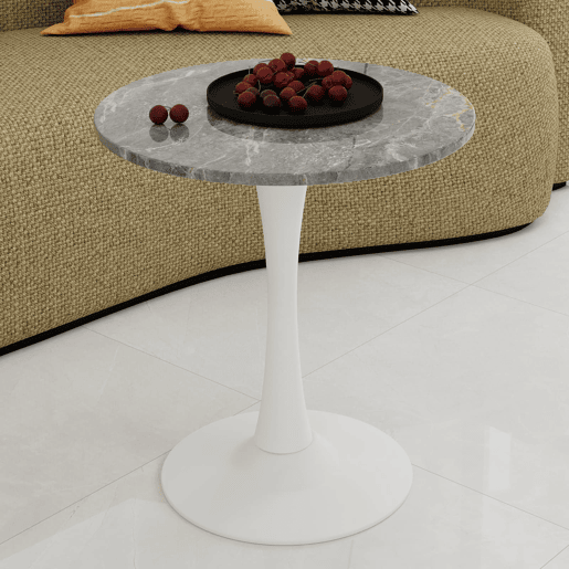 Mesa de centro 70 cm - estilo moderno de meados do século, tampo redondo em mármore - Branco antigo + Cinza escuro