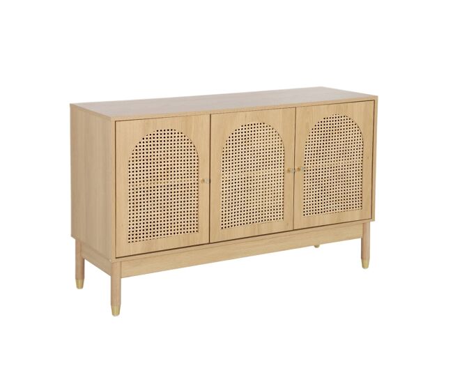 Aparador efecto madera y mimbre con 3 puertas, 120cm, judith, natural, 120x40x75 cm