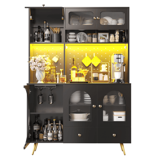 Armário alto LED - armário de cozinha com USB, tomadas, prateleiras de vidro e painel perfurado - preto