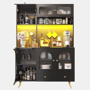 Armário alto LED - armário de cozinha com USB, tomadas, prateleiras de vidro e painel perfurado - preto