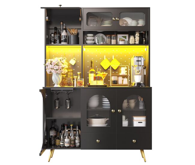Aparador alto led - armario cocina con usb, enchufes, estantes de vidrio y panel perforado - negro