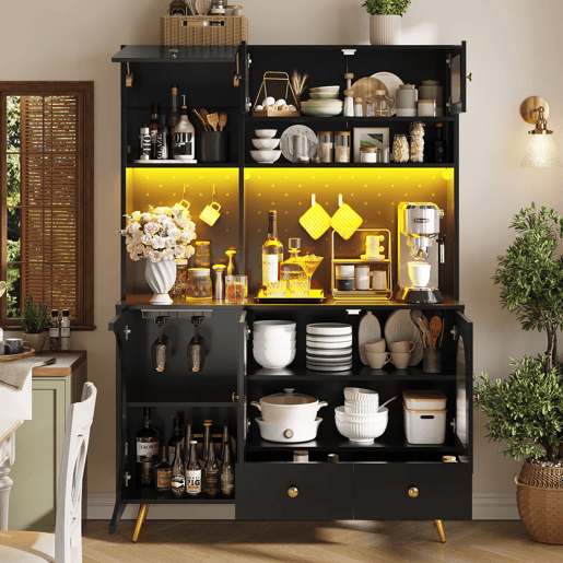 Armário alto LED - armário de cozinha com USB, tomadas, prateleiras de vidro e painel perfurado - preto