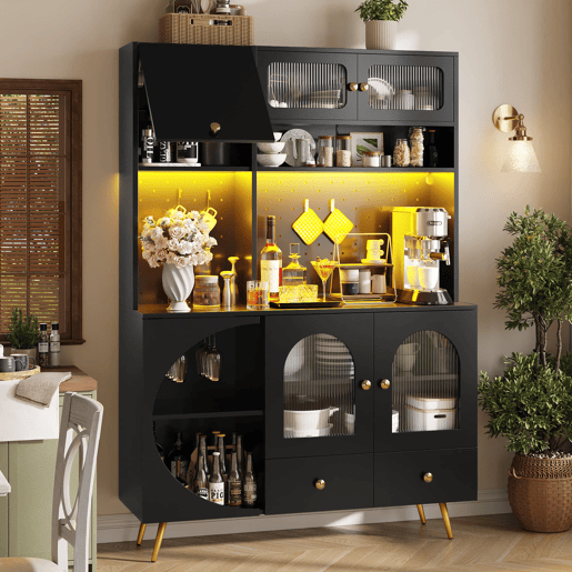Armário alto LED - armário de cozinha com USB, tomadas, prateleiras de vidro e painel perfurado - preto