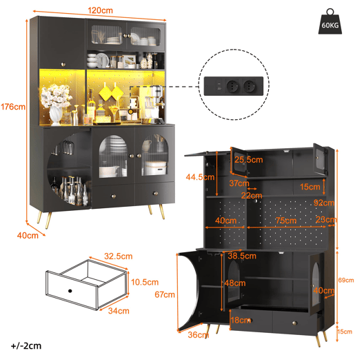 Armário alto LED - armário de cozinha com USB, tomadas, prateleiras de vidro e painel perfurado - preto