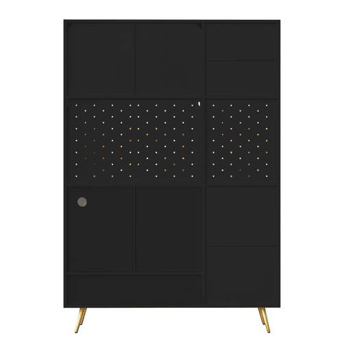 Armário alto LED - armário de cozinha com USB, tomadas, prateleiras de vidro e painel perfurado - preto