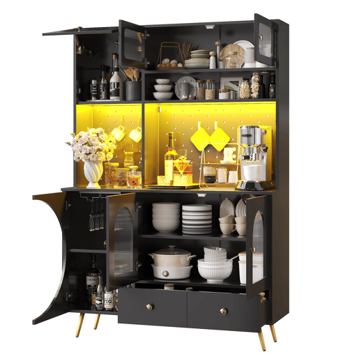 Armário alto LED - armário de cozinha com USB, tomadas, prateleiras de vidro e painel perfurado - preto