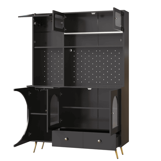 Armário alto LED - armário de cozinha com USB, tomadas, prateleiras de vidro e painel perfurado - preto