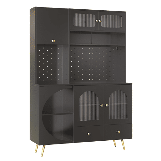 Armário alto LED - armário de cozinha com USB, tomadas, prateleiras de vidro e painel perfurado - preto