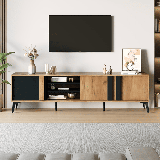Móvel de TV 180 cm - Para TVs até 80 com porta e prateleira aberta - CastanhoPreto