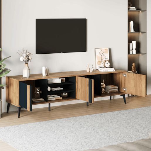 Móvel de TV 180 cm - Para TVs até 80 com porta e prateleira aberta - CastanhoPreto