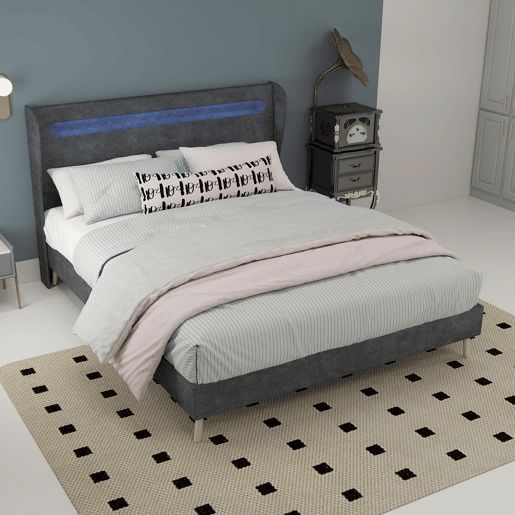 Cama estofada 140x200 - cabeceira com LED integrado, base baixa sem arrumação - cinzento