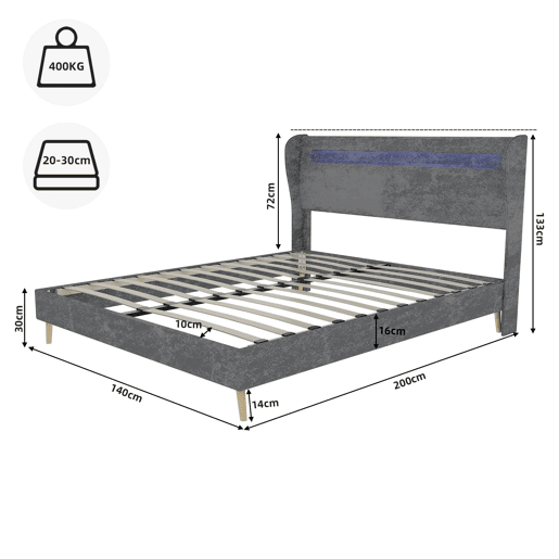 Cama estofada 140x200 - cabeceira com LED integrado, base baixa sem arrumação - cinzento