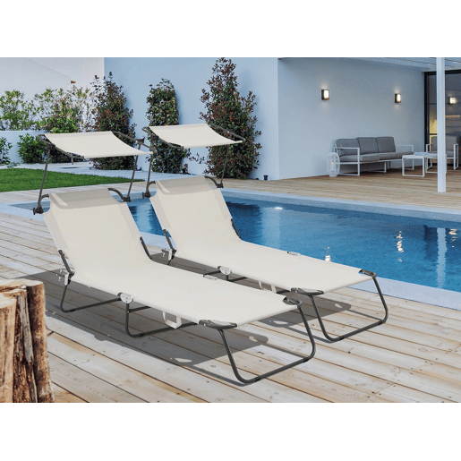 Conjunto de 2 espreguiçadeiras dobráveis Lazy - Com guarda-sol - Bege