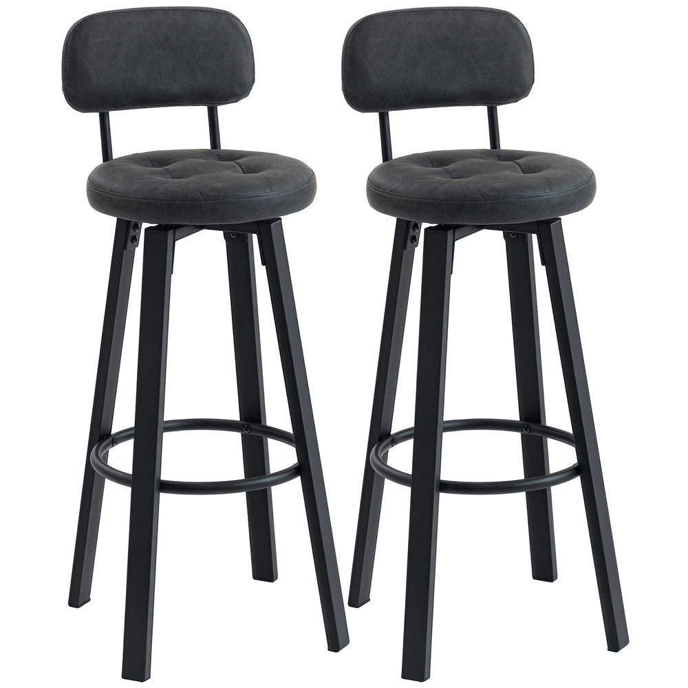 Homcom juego de 2 taburetes de bar, taburetes altos de cocina giratorios, tapizados de pu, con respaldo, marco de metal, reposapiés, asiento de 76,5