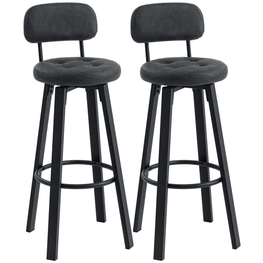 HOMCOM Conjunto de 2 Bancos de Bar Bancos Altos de Cozinha Giratórios Estofados em PU com Encosto Estrutura de Metal Apoio para os Pés Assento a 76,5 cm de Altura Cinzento Escuro