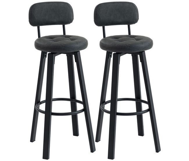 Homcom juego de 2 taburetes de bar, taburetes altos de cocina giratorios, tapizados de pu, con respaldo, marco de metal, reposapiés, asiento de 76,5