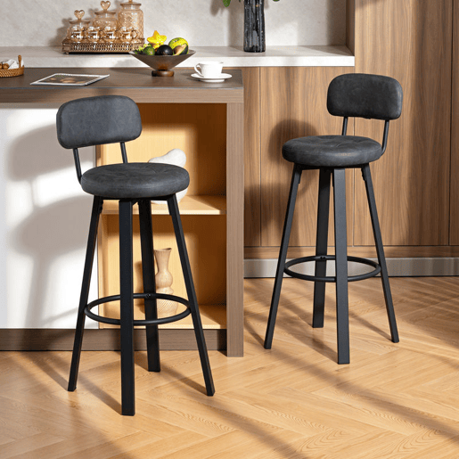 HOMCOM Conjunto de 2 Bancos de Bar Bancos Altos de Cozinha Giratórios Estofados em PU com Encosto Estrutura de Metal Apoio para os Pés Assento a 76,5 cm de Altura Cinzento Escuro