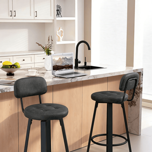 HOMCOM Conjunto de 2 Bancos de Bar Bancos Altos de Cozinha Giratórios Estofados em PU com Encosto Estrutura de Metal Apoio para os Pés Assento a 76,5 cm de Altura Cinzento Escuro