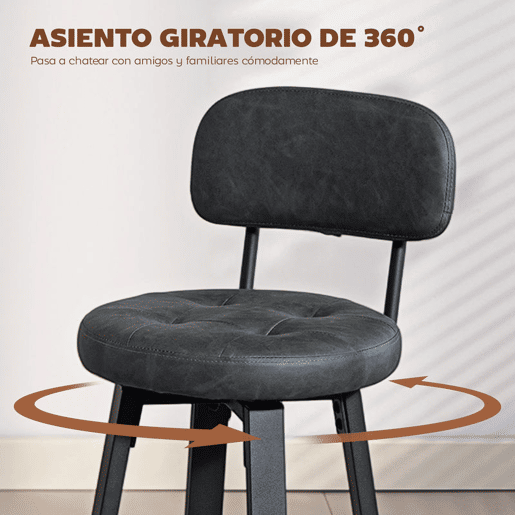 HOMCOM Conjunto de 2 Bancos de Bar Bancos Altos de Cozinha Giratórios Estofados em PU com Encosto Estrutura de Metal Apoio para os Pés Assento a 76,5 cm de Altura Cinzento Escuro