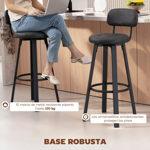 HOMCOM Conjunto de 2 Bancos de Bar Bancos Altos de Cozinha Giratórios Estofados em PU com Encosto Estrutura de Metal Apoio para os Pés Assento a 76,5 cm de Altura Cinzento Escuro