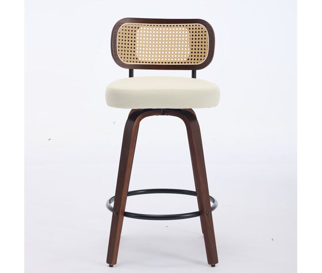 Taburetes de barra 2 unidades - 56 cm ratán giratorios con respaldo de caña y asiento tapizado - beige