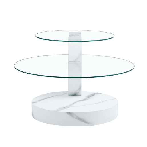 Mesa de centro com 2 níveis - design minimalista, vidro temperado, MDF branco mármore - TransparenteBranco