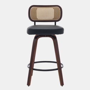 3 bancos de bar - 66 cm em rattan com encosto em cana, assento estofado, giratórios - preto