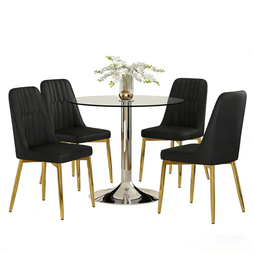 Conjunto de mesa de jantar 85 cm - vidro temperado e 4 cadeiras PU - preto e dourado