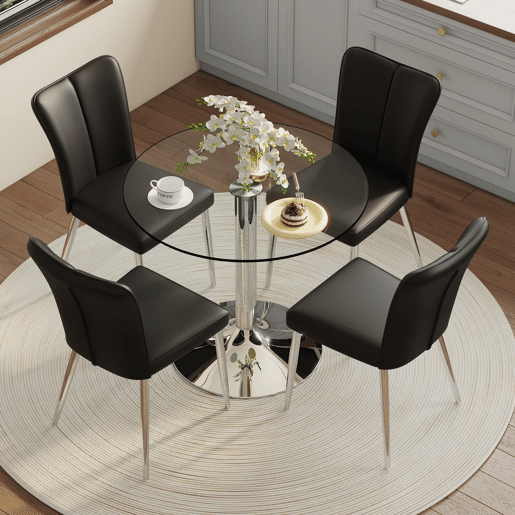 Conjunto de mesa de jantar 85 cm - mesa de vidro e 4 cadeiras em PU - preto prateado