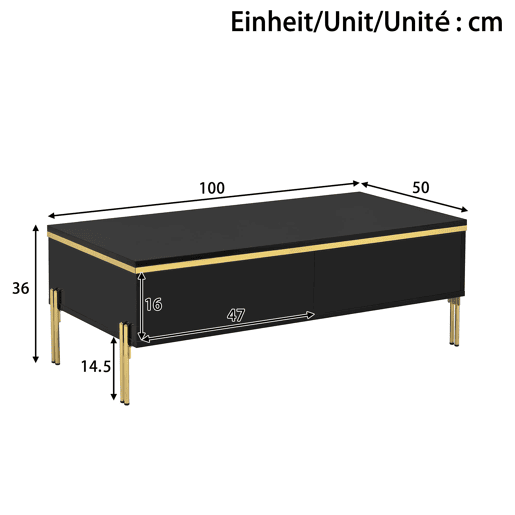 Mesa de centro 100x50x36 cm - moderna, multifuncional, alto brilho - preta