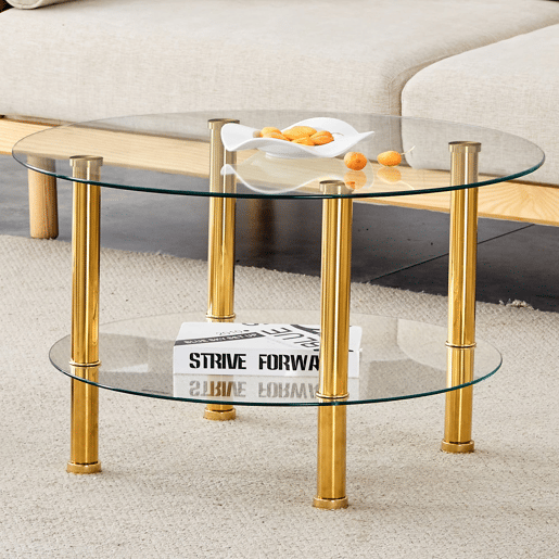 Mesa de centro com 2 níveis - Design luxuoso, estável e espaçoso - Dourado e transparente