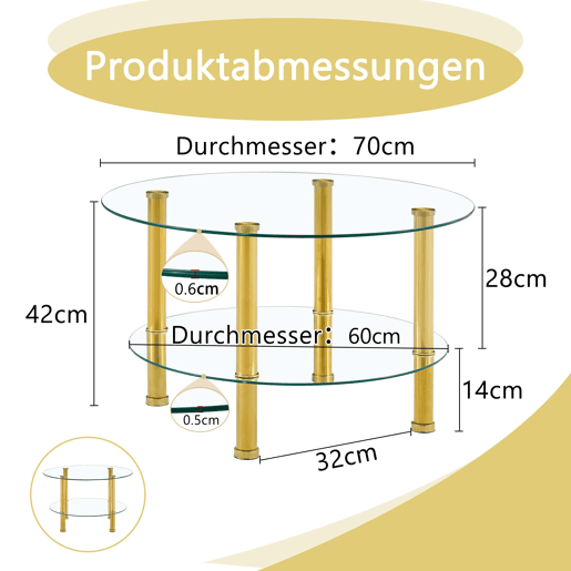 Mesa de centro com 2 níveis - Design luxuoso, estável e espaçoso - Dourado e transparente