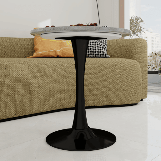 Mesa de centro 70 cm - estilo moderno de meados do século, tampo redondo em mármore - Preto+Cinza