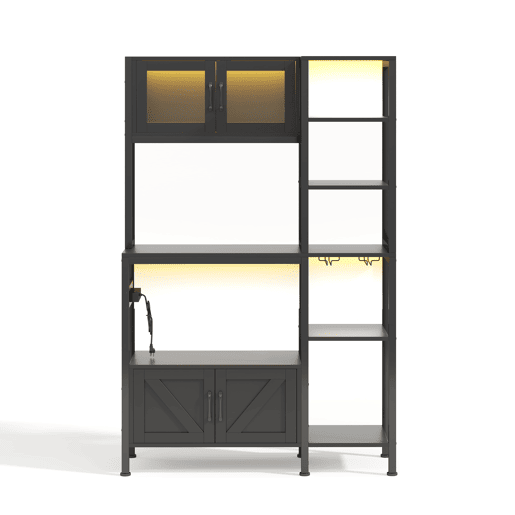 Estante de cozinha 180x115 cm - com tomada, LED, suporte para micro-ondas e copos - Preto