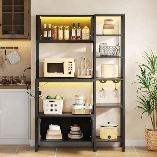 Estante de cozinha 180x115 cm - com tomada, LED, suporte para micro-ondas e copos - Preto