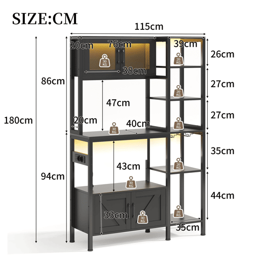 Estante de cozinha 180x115 cm - com tomada, LED, suporte para micro-ondas e copos - Preto