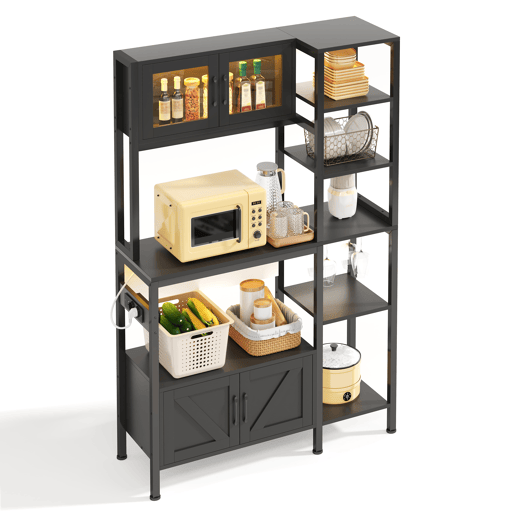 Estante de cozinha 180x115 cm - com tomada, LED, suporte para micro-ondas e copos - Preto