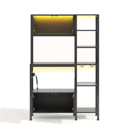 Estante de cozinha 180x115 cm - com tomada, LED, suporte para micro-ondas e copos - Preto